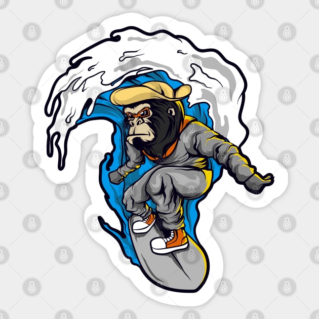 Monkey surfer waves Sticker by Mako Design 